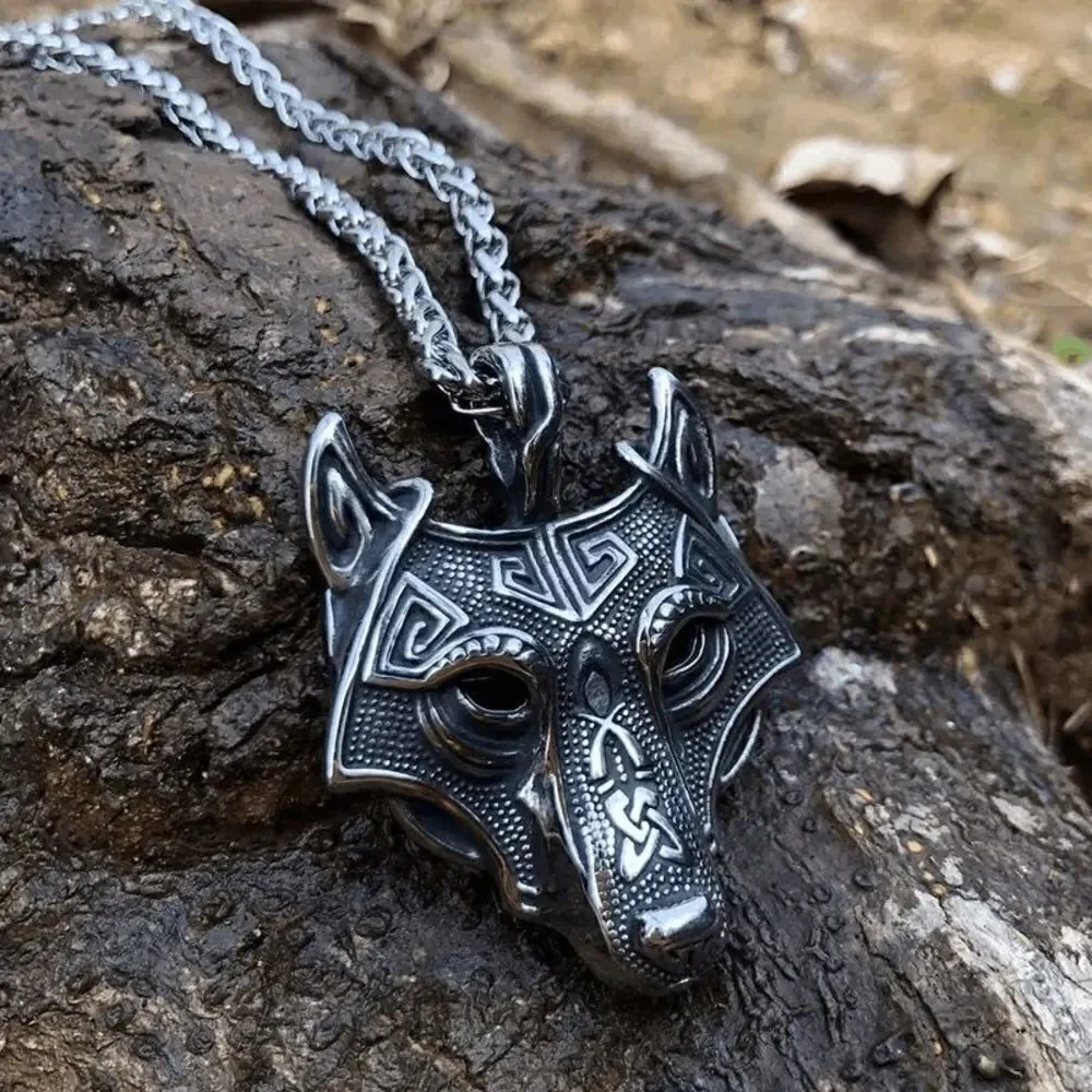 Viking Fenrir Wolf Head Stainless Steel Black Diamond Eye Pendant Necklace